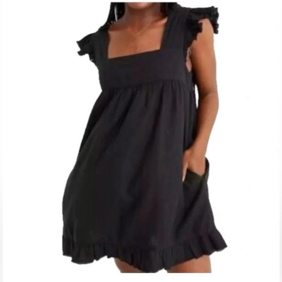 aerie Dresses & Skirts - Aerie Black Fringe Cap Sleeve Ruffle Hem Babydoll Dress